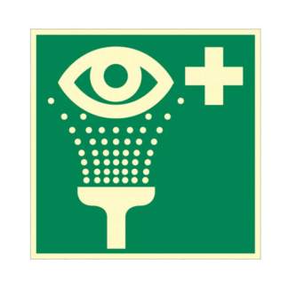 grünes Rettungszeichen mit Hinweis auf Augenspüleinrichtung