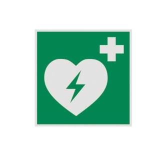 grünes Rettungszeichen mit Hinweis auf Defibrillator