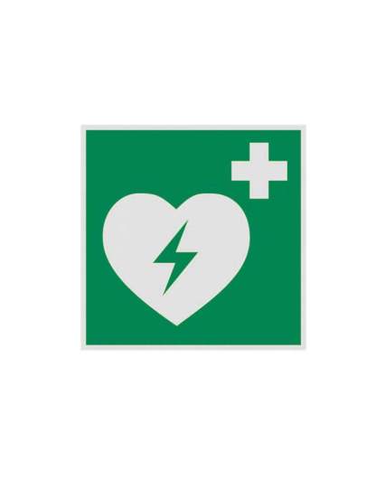 grünes Rettungszeichen mit Hinweis auf Defibrillator