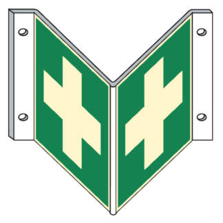 Winkelschild mit grünem Rettungszeichen für erste Hilfe