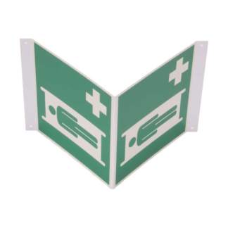 Winkelschild mit grünem Rettungszeichen für Krankentrage