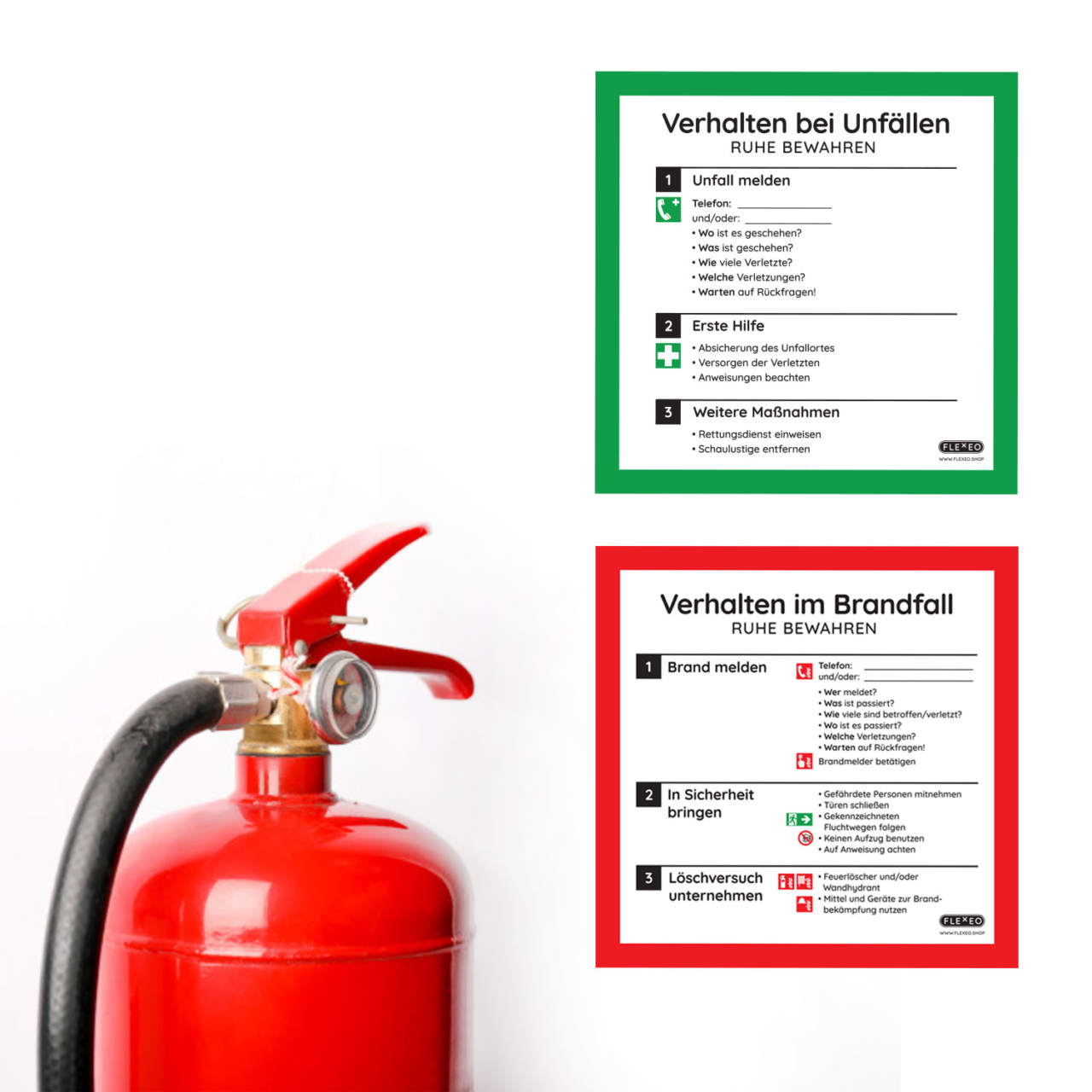 Schilder-Aushang Verhalten bei Unfällen & Verhalten im Brandfall,  Aufkleber, 20 x 20cm, ISO 7010