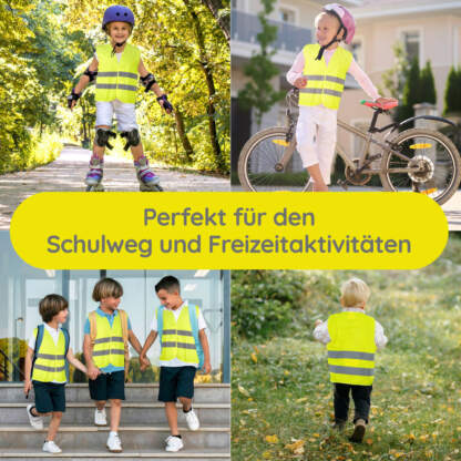 Vier Bilder mit Kinder die Warnwesten tragen. Beim Inliner und Fahrrad fahren, beim Schulweg und auf einer Wiese stehend