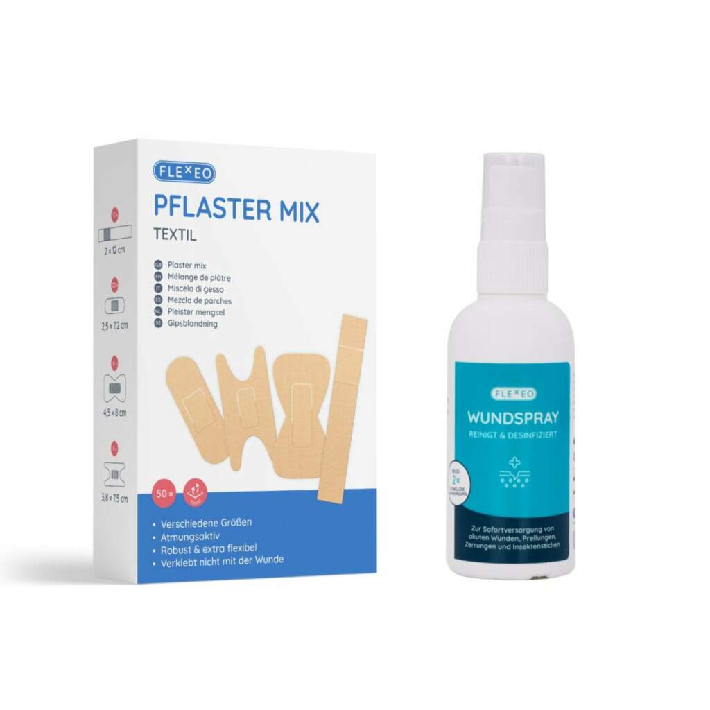 Paket Pflaster-Mix hautfarben und eine Sprühflasche Wundspray