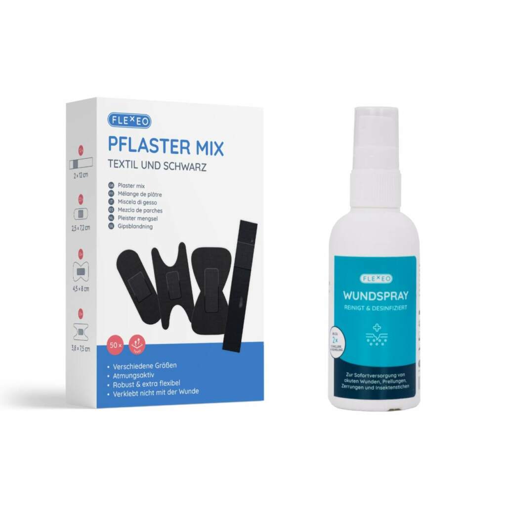 Pflaster-Mix Textil schwarz mit einer Sprühflasche Wundspray